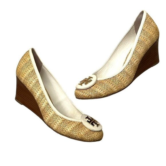 Tory Burch Sally Raffia Straw Pumps Wedge Sole Logo Women's 7.5M Beige - Picture 1 of 10